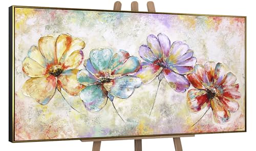 YS-Art Acryl Gemälde auf Leinwand handgemalt schöne Blumen Leinwandbild Abstrakt bunte Farben Wanddeko Wohnzimmer modern Wohndekor Büro Kunst mit Rahmen 120x60 cm von YS