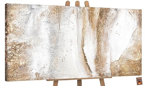 YS-Art Luxus Abstrakt Design Acryl Gemälde auf Leinwand Ästhetik handgemalt Wandbilder Wohnzimmer modern Wohndekor Bilder Büro Gold Beige echte Kunst 140x70 cm von YS