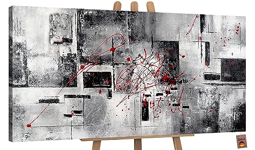 YS-Art XXL Abstrakt Acryl Gemälde auf Leinwand Courage handgemalt Wandbilder schwarz weiß grau rot Wohnzimmer modern Wohndekor Bilder Büro echte Kunst 120x60 cm von YS