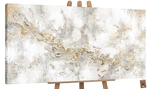 YS-Art Luxus Abstrakt Acryl Gemälde auf Leinwand Geschichte handgemalt Wandbilder Wohnzimmer modern Wohndekor Bilder Büro Gold Grau Beige echte Kunst 140x70 cm von YS