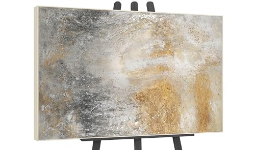YS-Art Luxus Abstrakt Acryl Gemälde auf Leinwand Gold und Silber handgemalt Wohnzimmer Wandbild modern Wohndekor echtes Kunstwerk 120x80 cm von YS
