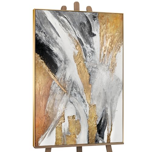 YS-Art Luxus Abstrakt Acryl Gemälde auf Leinwand goldene Symphonie handgemalt Wandbild Wohnzimmer modern kraftvoll Bilder echte Kunst 140x100 cm von YS