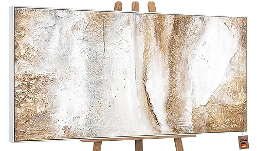 YS-Art Luxus Abstrakt Design Acryl Gemälde auf Leinwand Ästhetik handgemalt Wandbilder Wohnzimmer modern Wohndekor Bilder Büro Gold Beige echte Kunst mit Rahmen 200x100 cm von YS