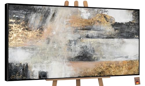 YS-Art Luxus Abstrakt Design Acryl Gemälde auf Leinwand Farbmagie handgemalt Wandbilder Wohnzimmer modern Wohndekor Bilder Büro Gold grau echte Kunst 140x70 cm von YS