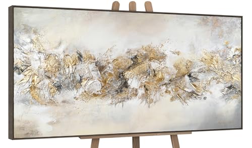 YS-Art Luxus Abstrakt Design Acryl Gemälde auf Leinwand Glückslinie handgemalt Wandbilder Wohnzimmer modern Wohndekor Bilder Büro Gold echte Kunst 140x70 cm von YS