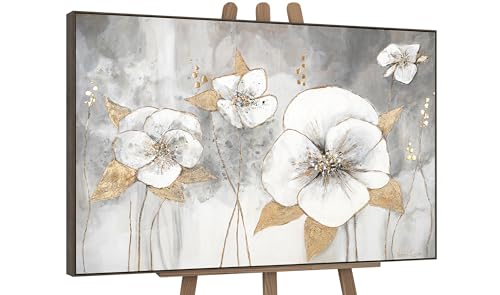 YS-Art Luxus Abstrakt Design Acryl Gemälde auf Leinwand Goldene Blüten handgemalt Wandbilder Wohnzimmer modern Wohndekor Bilder Büro grau echte Kunst 120x80 cm von YS