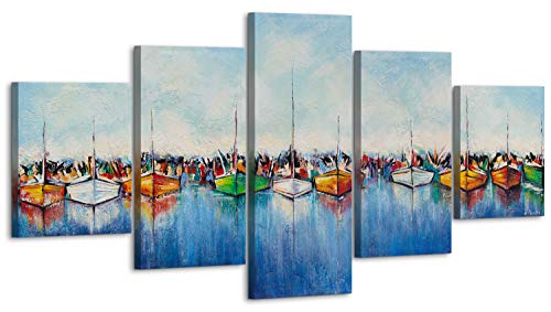 YS-Art Premium | Set | 160x80 cm | Acryl Gemälde Liegeplätze am Hafen 2 | Handgemalte Leinwand Bilder | Wandbild Acrylgemälde | Kunst | Leinwand | Unikat | Blau | 5 teilig | (M002) von YS