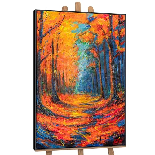 YS-Art Schön Acryl Gemälde auf Leinwand handgemalt Atem des Laubs handgemalt Orange-Blau-Töne Wandbild modern Wohndekor Bilder Büro echte Kunst 140x100 cm von YS
