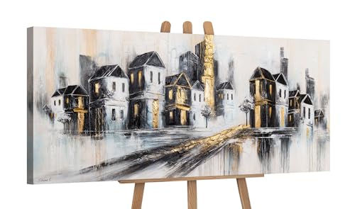 YS-Art Schöne acrylbilder Stadt Gemälde mit gold auf Leinwand handgemalt Wandbild Wohnzimmer modern kraftvoll Wohndekor Bilder Büro echte Kunst 115x50 cm von YS