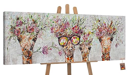 YS-Art XXL Abstrakt Acryl Gemälde auf Leinwand Giraffen handgemalt Wandbilder Wohnzimmer Kinderzimmer modern Pastell Farben Design Bilder echte Kunst 150x50 cm von YS