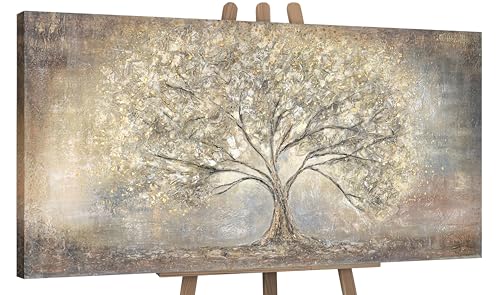 YS-Art XXL Abstrakt Acryl Gemälde auf Leinwand Goldbaum handgemalt Wandbilder Wohnzimmer Kinderzimmer Büro moderne Design Bilder Fengshu echte Kunst 140x70 cm von YS