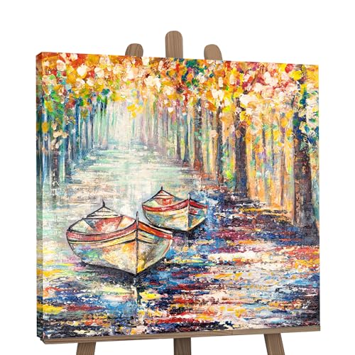 YS-Art XXL Abstrakt Acryl Gemälde auf Leinwand Herbstlicher Anlegeplatz handgemalt Wandbilder Wohnzimmer modernes Design Bilder Natur echtes Kunstwerk 90x90 cm von YS