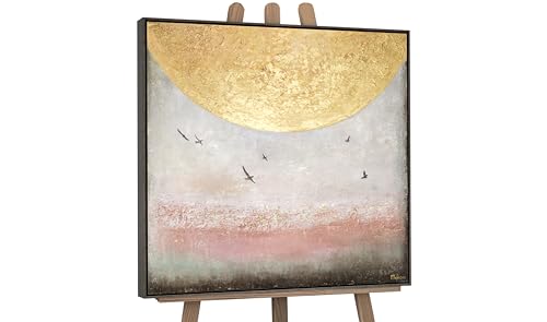 YS-Art XXL Abstrakt Acryl Gemälde auf Leinwand Sonnenenergie II handgemalt Wandbilder Wohnzimmer modernes Design Bilder Gold Braun Vögel echte Kunst mit Rahmen 100x100 cm von YS