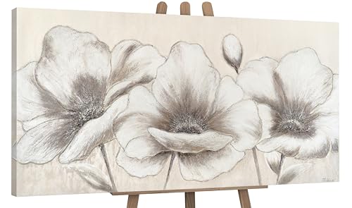 YS-Art XXL Abstrakt Acryl Gemälde auf Leinwand handgemalt Blumen II Wandbilder Wohnzimmer moderne Beige Creme Farbig Wohndekor Bilder echte Kunst 120x60 cm von YS