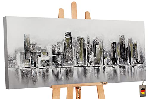 YS-Art XXL Abstrakt Acryl Gemälde auf Leinwand handgemalt Megapolis Wandbilder Wohnzimmer moderne Großstadt Skyline Wohndekor Bilder Büro echte Kunst 140x70 cm von YS