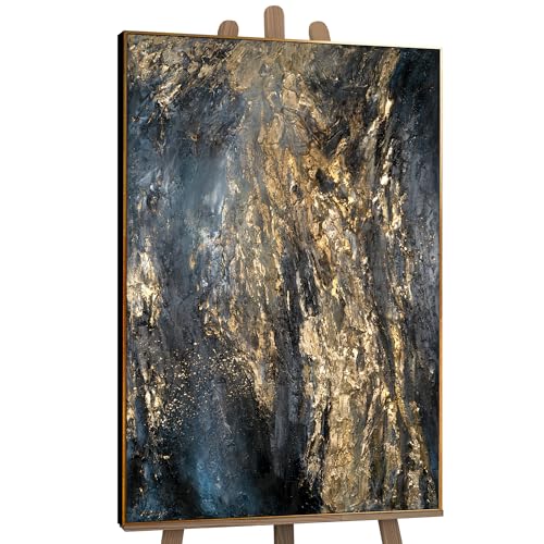 YS-Art XXL Abstrakt Acryl Gemälde auf Leinwand mit Rahmen Azurblau handgemalte Wandbilder Wohnzimmer Wohndekor Barock Stil Bilder echte Kunst 120x80 cm von YS