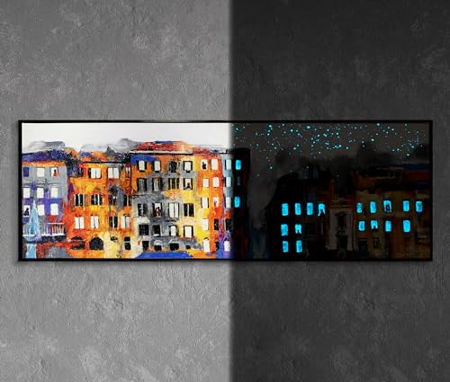 YS-Art XXL Abstrakt Fluoreszierendes selbst leuchtendes Acryl 3D Gemälde auf Leinwand Kleinstadt handgemalt Wohndekor modern Tag und Nacht echte Kunst 150x50 cm von YS