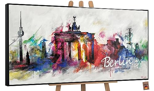 YS-Art Abstrakt Design Acryl Gemälde auf Leinwand Berlin handgemalt Wandbilder Wohnzimmer modern Wohndekor Bilder Büro Hauptstadt bunt echte Kunst mit Rahmen 140x70 cm von YS