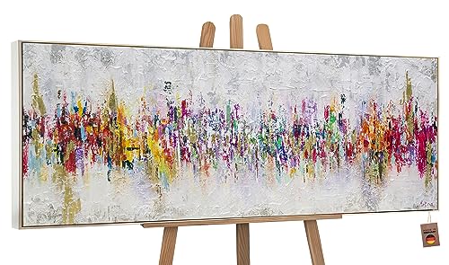 YS-Art Abstrakt Acryl Gemälde auf Leinwand handgemalt Abstraktion II Wandbilder Wohnzimmer moderne farbenfrohe Skyline Wohndekor Bilder echte Kunst mit Rahmen 150x50 cm von YS