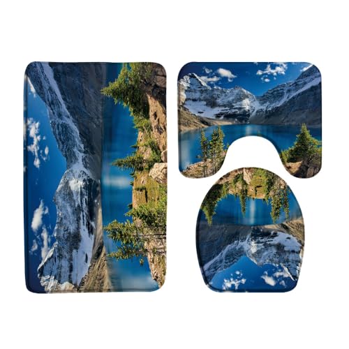 YSATNSFT Badematten-Set, Motiv: Berg, See, blauer Himmel, weiße Wolken, Landschaftsdruck, einfacher Mikrofaser-Memory-Schaum, 45,7 x 76,2 cm, 3 Stück von YSATNSFT