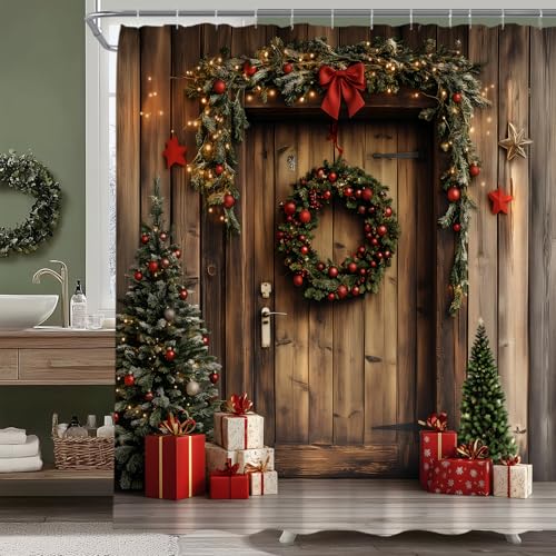 YSATNSFT Farmhouse Weihnachts-Duschvorhang, rustikale Holz-Scheunentür, Weihnachtsbäume, Landhaus-Winterurlaub, Stoff-Badezimmer-Dekor-Set mit Haken, 178 x 178 cm (B x H) von YSATNSFT