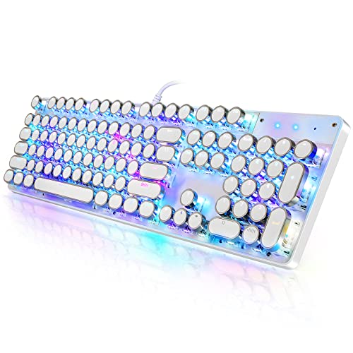 YSCP Mechanische Gaming-Tastatur im Schreibmaschinen-Stil, RGB-Hintergrundbeleuchtung, verdrahtet mit blauem Schalter, runde Retro-Tastenkappe, 104 Tasten, Tastatur (Weiß, 104 Tasten, RGB) von YSCP