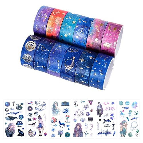 12 Rollen Sternenhimmel Kollektion Washi Tape Set mit 6 Sets von lila Kollektion Aufklebern, Sterne Mond Galaxy Goldfolie Washi Tape für DIY Bullet Journal Geschenkverpackung Dekoration. von YSDYY