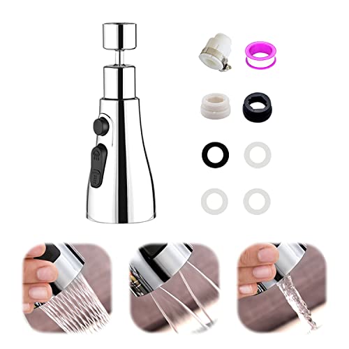 9 Stück Wasserhahn Auslauf Set, 360º Schwenkauslauf mit 3 Modi Umwandlungsmutter Dichtung Rohband Universal Fitting Edelstahl Küchenarmatur für Küche Bad (Silber) von YSDYY