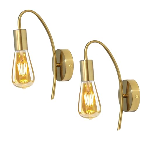 YSGUYILT Wandleuchte Innen Vintage 2 Stücke Gebogene Wandleuchte Industrial Wandlampe Retro Wandbeleuchtung Metall Lampenfassungen mit E27 für Badezimmer Schlafzimmer Wohnzimmer Flur-Golden von YSGUYILT