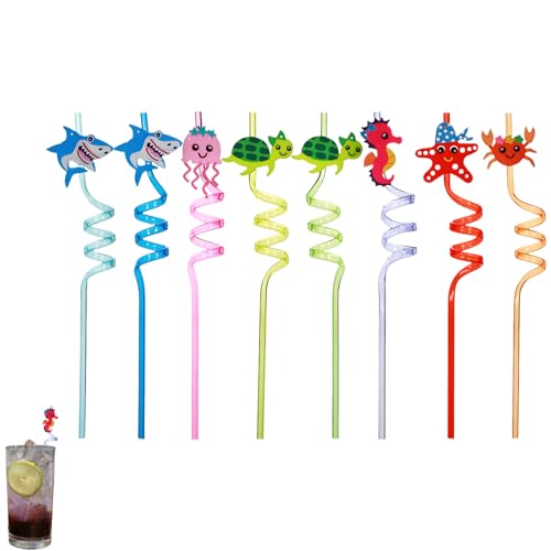 8 Stück Wiederverwendbare Strohhalm Plastik, Meerestier Kunststoff Strohhalm, Trinkhalme für Geburtstag Hochzeit Hawaii Party Deko von YSHODGU