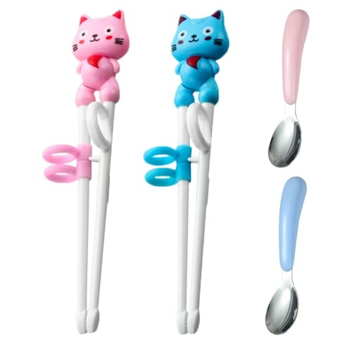 2 Paar Kinder-Essstäbchen, 2 Stück Kinderlöffel, Cartoon-Katzen-Essstäbchen, Tiertrainings-Essstäbchen, Anfänger-Essstäbchen, Wiederverwendbares Geschirr von YSJCHEBS