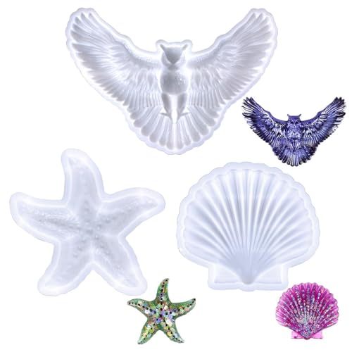 YSJCHEBS 3-Teiliges Set DIY-Harzform, Tier-Harzform, 3D-Tier-Silikonform, Eulen-Seestern-Muschel-Harzform von YSJCHEBS