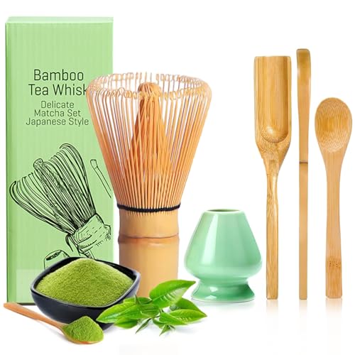 YSOOUA Matcha Schneebesen Matcha Besen 5er-Set Japanisches Zubehör für die Matcha-Zeremonie mit Matcha Löffel,Traditioneller Schöpflöffel, Teelöffel, Teepinselhalter aus Keramik (cyanfarben) von YSOOUA