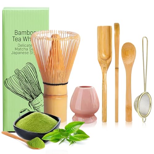 YSOOUA Matcha Schneebesen Matcha Besen 6er-Set Japanisches Zubehör für die Matcha-Zeremonie mit Matcha Löffel,Traditioneller Schöpflöffel, Teelöffel, Teesieb,Teepinselhalter aus Keramik (Rosa) von YSOOUA
