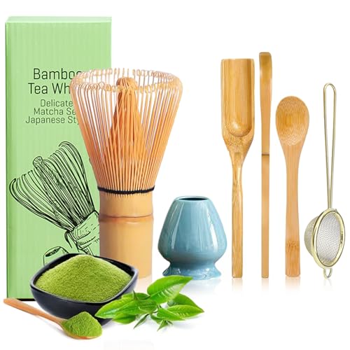 YSOOUA Matcha Schneebesen Matcha Besen 6er-Set Japanisches Zubehör für die Matcha-Zeremonie mit Matcha Löffel,Traditioneller Schöpflöffel, Teelöffel, Teesieb,Teepinselhalter aus Keramik (blau) von YSOOUA