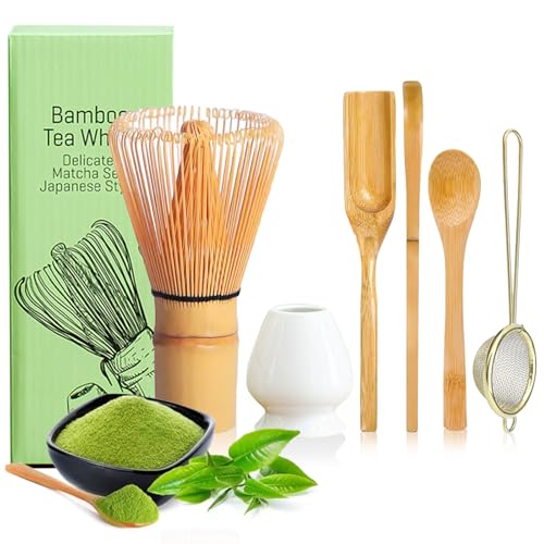 YSOOUA Matcha Schneebesen Matcha Besen 6er-Set Japanisches Zubehör für die Matcha-Zeremonie mit Matcha Löffel,Traditioneller Schöpflöffel, Teelöffel, Teesieb,Teepinselhalter aus Keramik (weiß) von YSOOUA