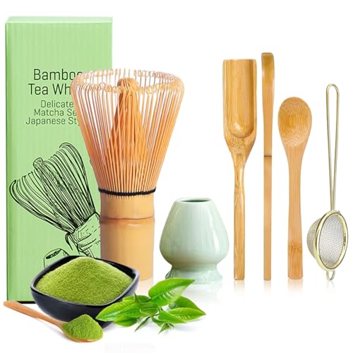 YSOOUA Matcha Schneebesen Matcha Besen 6er-Set Japanisches Zubehör für die Matcha-Zeremonie mit Matcha Löffel,Traditioneller Schöpflöffel, Teelöffel, Teesieb,Teepinselhalter aus Keramik (Celadonfarbe) von YSOOUA