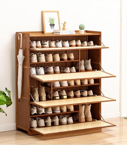 Unabhängig Bambus Schuhschrank mit Klappen, Schuhschrank Rattan mit Haken und 2, 3 türen, Schuhregal Schrank für Schlafzimmer, Wohnzimmer, Fabriken und Flure, für 24-32 Paar Schuhe(100x33x115cm) von YSPZDQ