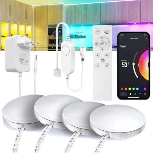 WiFi RGB unterbauleuchte küche led 4 PCS Aluminium Runde Kit für Alexa, Google Assistent, App mit 2.4G RF fernbedienung Musik Sync LED Licht mit Timmer Dimmable Schrankbeleuchtung led WiFi RGB unterbauleuchte küche led 4 PCS Aluminium Runde Kit für Alexa, Google Assistent, App mit 2.4G RF fernbedienung Musik Sync LED Licht mit Timmer Dimmable Schrankbeleuchtung led von YSRSAI
