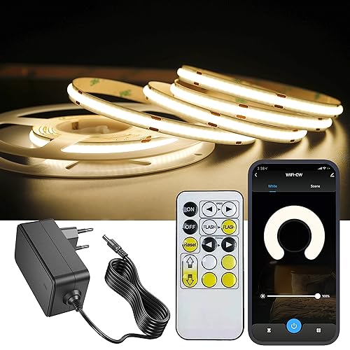 YSRSAI 3M WiFi COB LED Streifen Warmweiss mit Controller und Netzteil, 3000K Dimmbar COB LED Lichtband Led Strip DIY Lichtleiste, 12V 320LEDs/M, APP Steuerbar, Kompatibel mit Alexa Google Home von YSRSAI