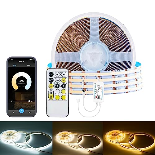 YSRSAI WIFI CCT COB LED Strip, 5-Meter dimmbar 2700K - 6500K 24V einstellbare weiße LED Lichtstreifen Lichtset, 640 LED/m CRI90+Daul weiße LED mit APP-Steuerung, kompatibel mit Alexa Google Home von YSRSAI