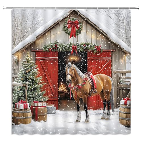 YSSFAV Duschvorhang-Set mit Weihnachtspferd, lustiges Bauernhoftier-Design, Bauernhaus, Scheune, Winterurlaub, Badezimmer-Dekor, Vorhänge-Set mit Haken, 178 x 178 cm (B x H) von YSSFAV