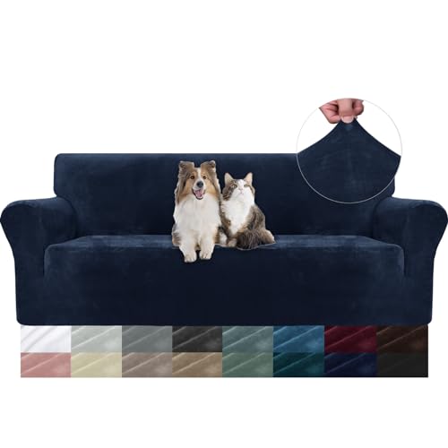 YSTELLAA Samt Sofa Überzug 3 Sitzer, Stretch Sofabezug, Sofaschoner rutschfest, Elastischer Couch Überzug, Sofa Cover Mit Armlehnen, Couchüberzüge Sofaschutz Katze Couch Überwurf, Dunkel Blau von YSTELLAA