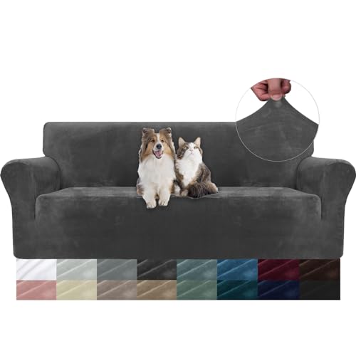 YSTELLAA Samt Sofa Überzug 3 Sitzer, Stretch Sofabezug, Sofaschoner rutschfest, Elastischer Couch Überzug, Sofa Cover Mit Armlehnen, Couchüberzüge Sofaschutz Katze Couch Überwurf, Grau von YSTELLAA