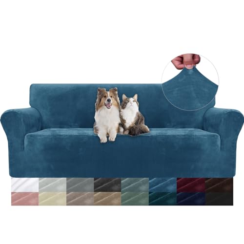 YSTELLAA Samt Sofa Überzug 3 Sitzer, Stretch Sofabezug, Sofaschoner rutschfest, Elastischer Couch Überzug, Sofa Cover Mit Armlehnen, Couchüberzüge Sofaschutz Katze Couch Überwurf, Pfau Blau von YSTELLAA