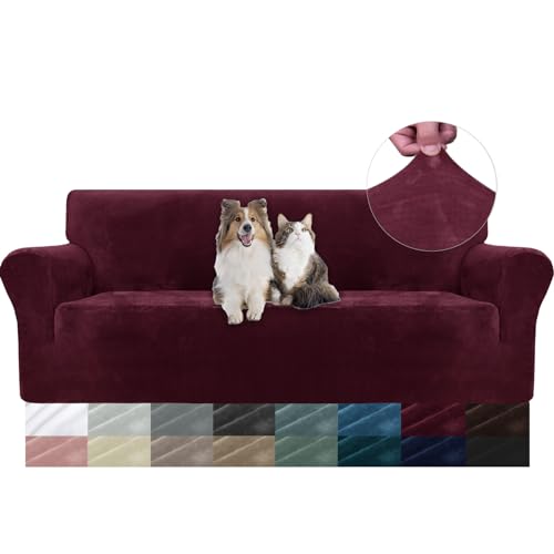 YSTELLAA Samt Sofa Überzug 3 Sitzer, Stretch Sofabezug, Sofaschoner rutschfest, Elastischer Couch Überzug, Sofa Cover Mit Armlehnen, Couchüberzüge Sofaschutz Katze Couch Überwurf, Weinrot von YSTELLAA