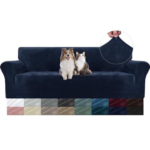 YSTELLAA Samt Sofabezug 4 Sitzer, Stretch Sofa Überzug, Sofaschoner rutschfest, Elastischer Couch Überzug, Sofa Cover Mit Armlehnen, Couchüberzüge Sofaschutz Katze Couch Überwurf, Dunkel Blau von YSTELLAA