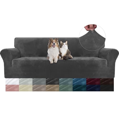 YSTELLAA Samt Sofabezug 4 Sitzer, Stretch Sofa Überzug, Sofaschoner rutschfest, Elastischer Couch Überzug, Sofa Cover Mit Armlehnen, Couchüberzüge Sofaschutz Katze Couch Überwurf, Grau von YSTELLAA