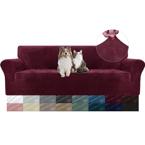 YSTELLAA Samt Sofabezug 4 Sitzer, Stretch Sofa Überzug, Sofaschoner rutschfest, Elastischer Couch Überzug, Sofa Cover Mit Armlehnen, Couchüberzüge Sofaschutz Katze Couch Überwurf, Weinrot von YSTELLAA