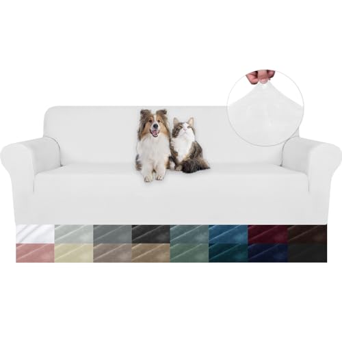 YSTELLAA Samt Sofabezug 4 Sitzer, Stretch Sofa Überzug, Sofaschoner rutschfest, Elastischer Couch Überzug, Sofa Cover Mit Armlehnen, Couchüberzüge Sofaschutz Katze Couch Überwurf, Weiß von YSTELLAA